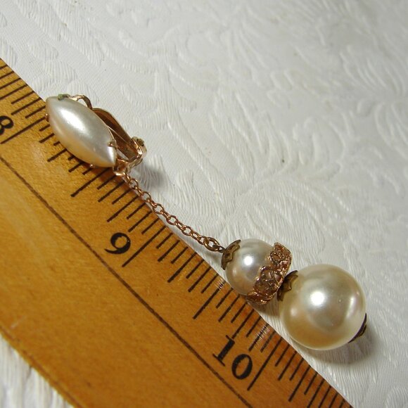 Lewis Segal California Clip-On Gold/Faux Pearl Drop EARRINGS, Vtg 1949-60s F73 - Picture 3 of 8